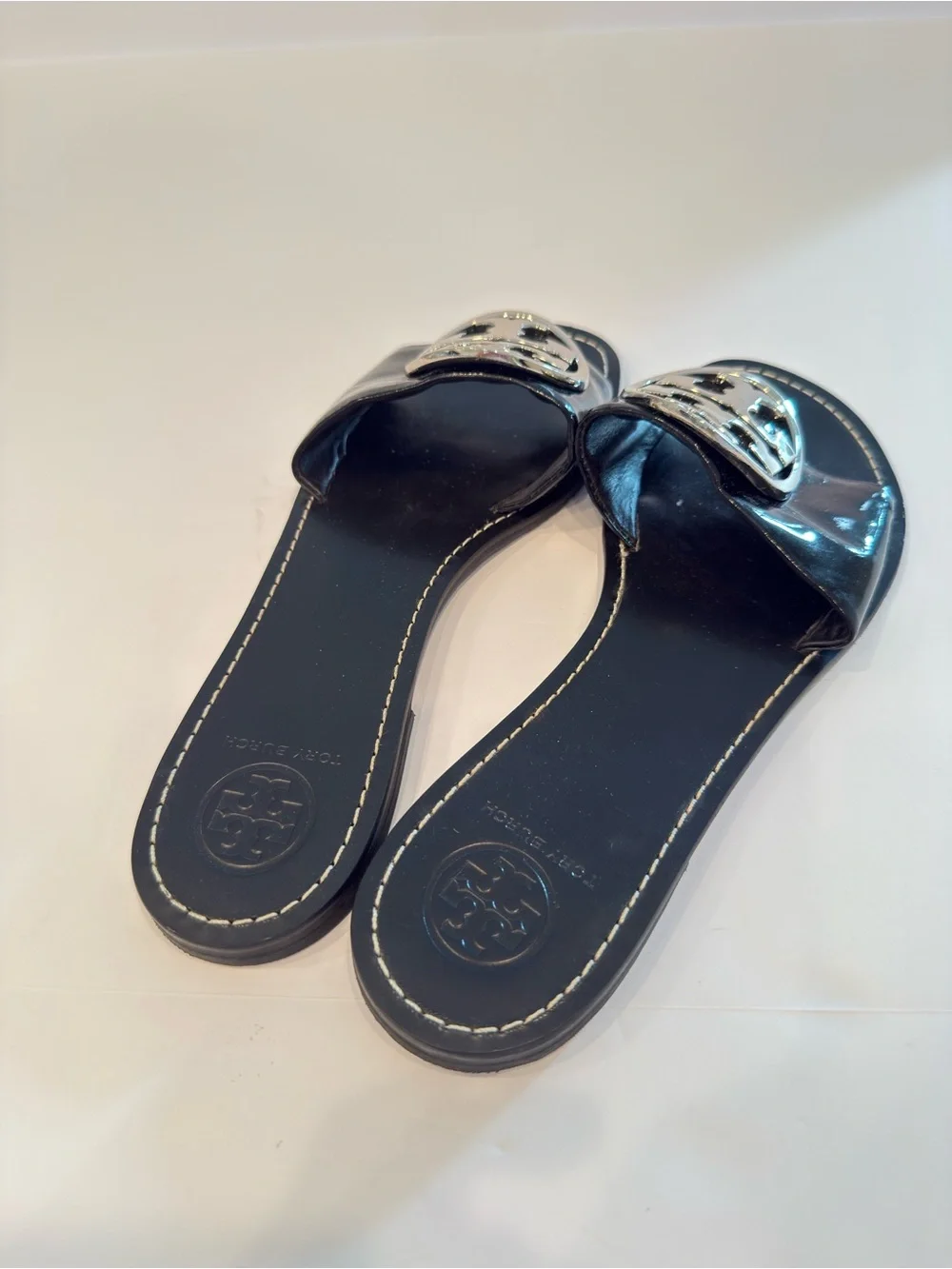 Tory Burch Grania Black Patent Leather Slide Sandals Silver Logo Size 9